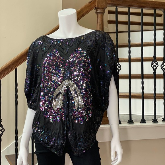 Vintage Cotton Castle Black Bow Sequins Top, M0579 - Picture 6 of 7